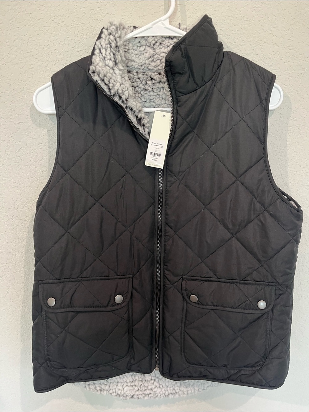Francesca's Black and Gray Reversible Sherpa-Lined Vest